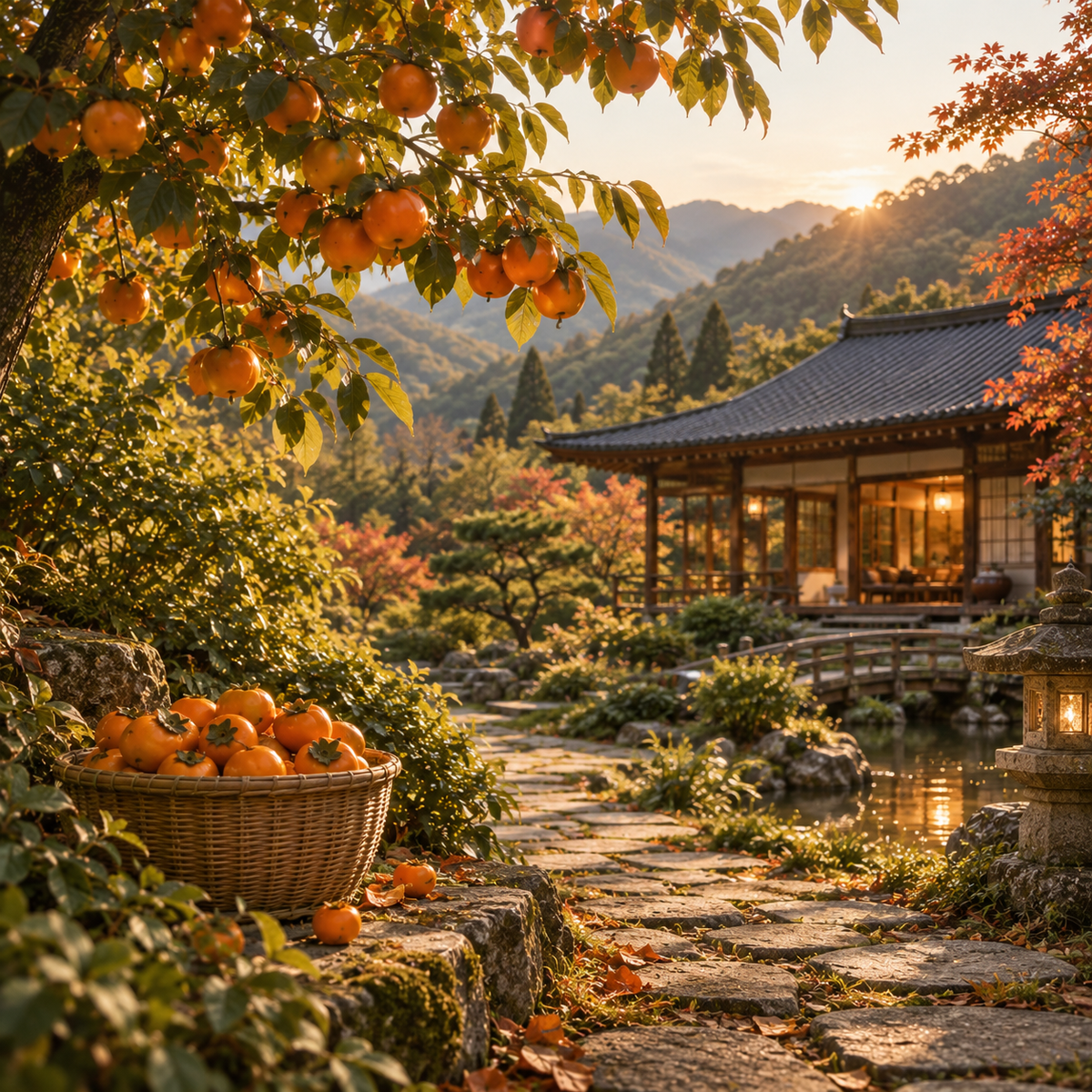 Illustrative Japanese-inspired garden with persimmons